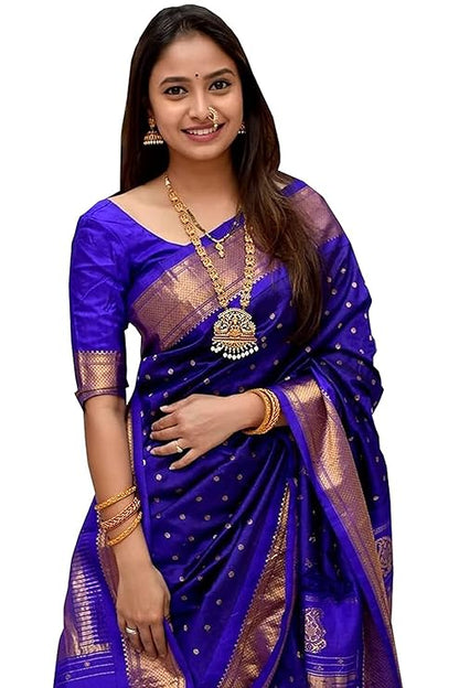 Zwab Women's Banarasi Silk Saree With Blouse Piece (ZW-KP-3087-DARK-BLUE_Black)