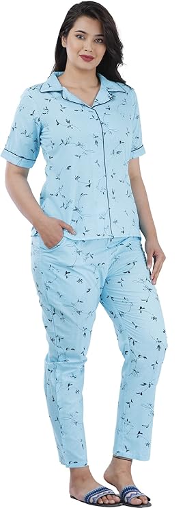 Women's Rayon Tringle Printed Night Suit Set of Shirt & Pyjama