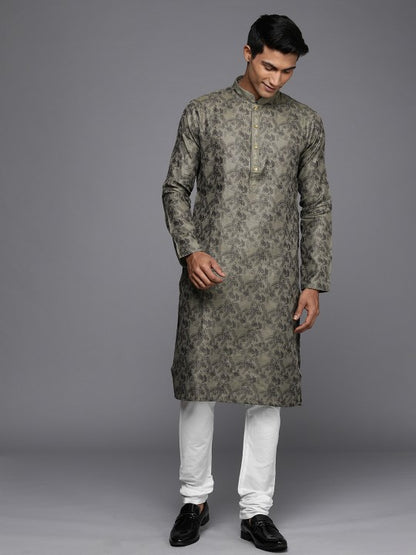 Men Grey Ethnic Design Kurta with Churidar