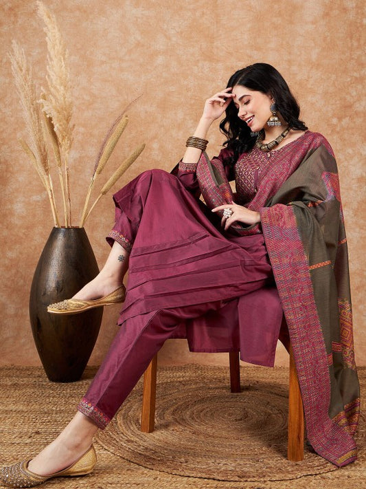 Women Embroidered A-Line Kurta Set For Women