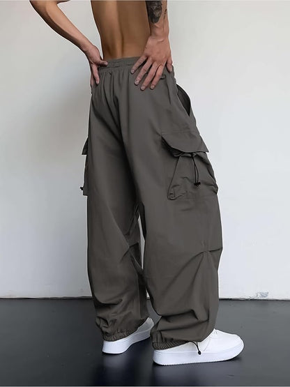 Solid Side Pockets Black Nylon Fabric Baggy fit Cargo Pant