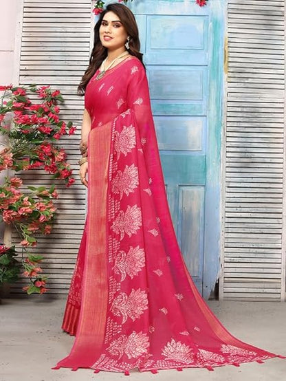 Women's Printed Zari Patta Poly Cotton Saree with Unstitched Blouse Piece