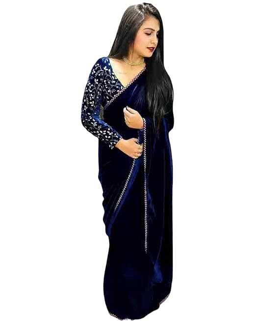 BRAHMSHAKTI Women's Solid Lycra Velvet Beautiful Ethinic Wear Saree With Unstiched Blouse Piece