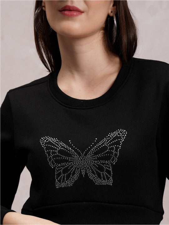 Black Printed Round Neck Crop Pullover Sweatshirt