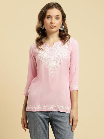 Kashmiri Embroidered Short Kurti Light Pink