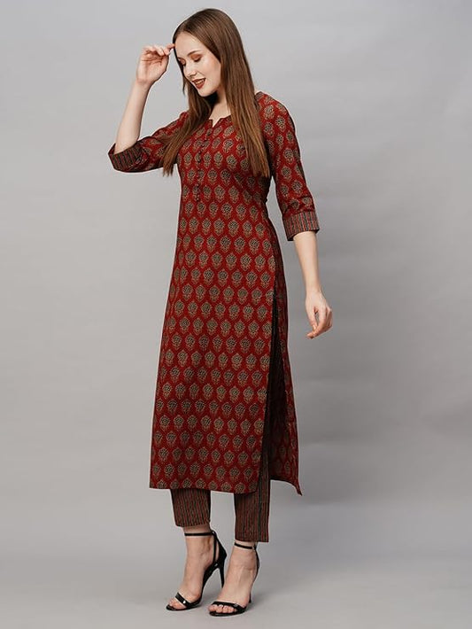 Women's Cotton Blend Printed Straight Maroon Kurta with Pant