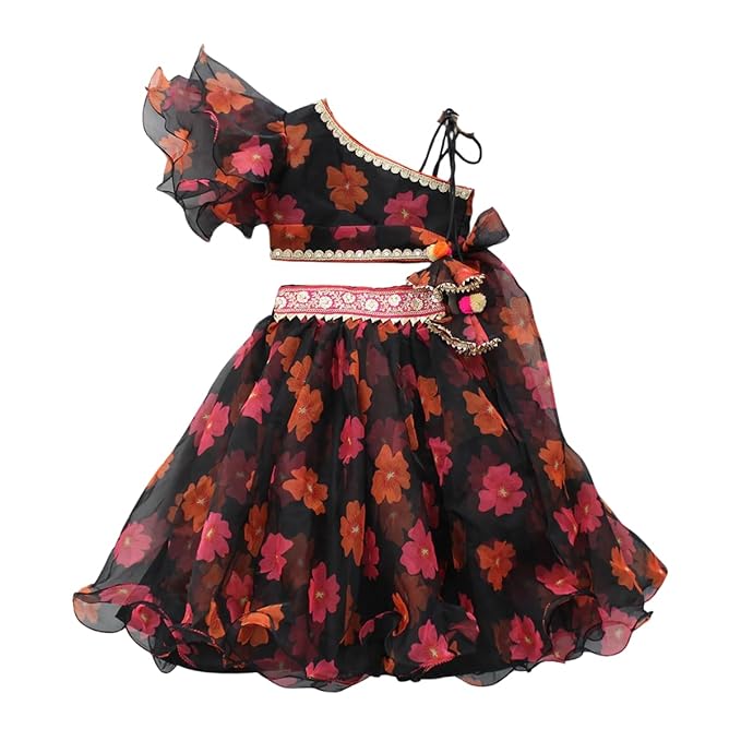 Kids Girls One Shoulder Organza Multicolour Top And Lehenga Set