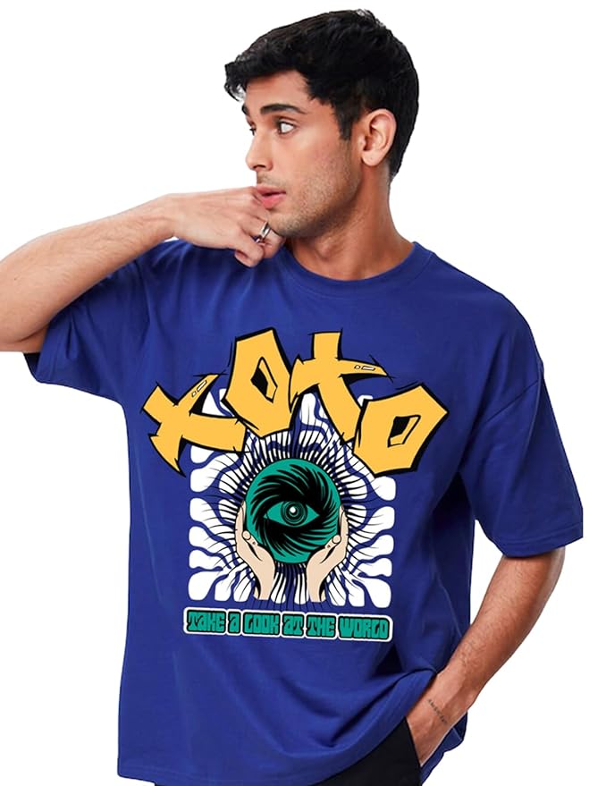 Baggy Fit Drop Shoulder Front XOXO Graphic Printed Royal Blue Half Sleeve T-Shirt for Men