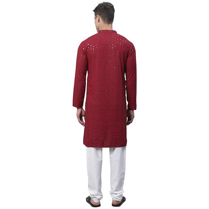 Men's Pure Cotton Mustard Embroidered Sequined Kurta and White Pyjama Set