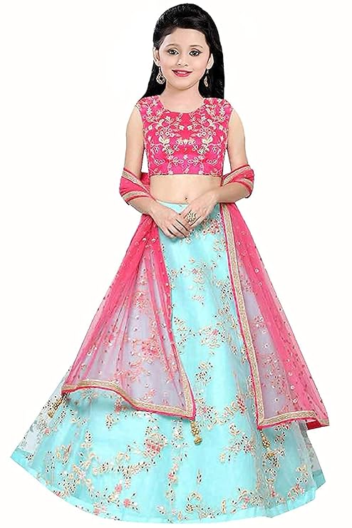 Girls Net With Satin Flower Embroidered Lehenga Choli