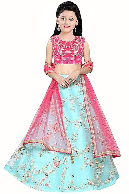 Girls Net With Satin Flower Embroidered Lehenga Choli