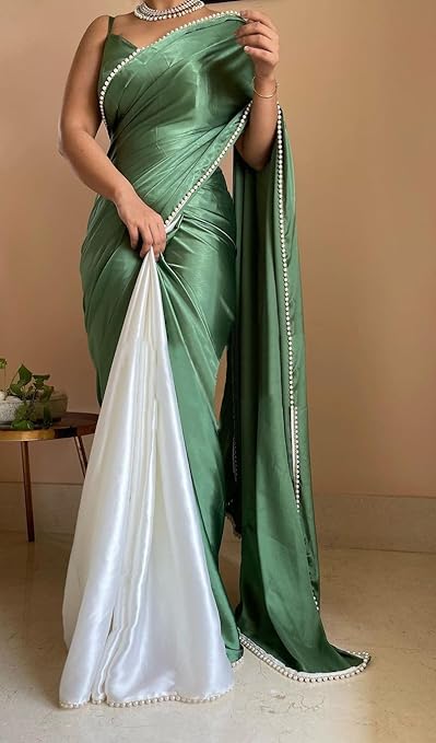 BRAHMSHAKTI Womens Satin Half Half Collection Saree With Blouse Piece