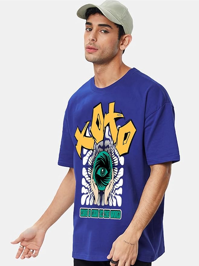 Baggy Fit Drop Shoulder Front XOXO Graphic Printed Royal Blue Half Sleeve T-Shirt for Men