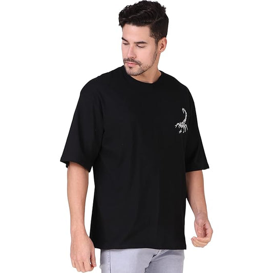 Men Oversized Loose Fit Cotton Blend Half Sleeve Round Neck Printed Black Tshirt for Men