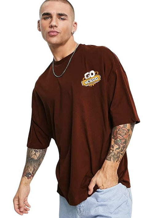 Veirdo® 100% Pure Cotton Oversized Loose Baggy Fit Drop Shoulder Cool and Stylish Latest Go Pocket Print Design Brown Half Sleeve T-Shirt for Men