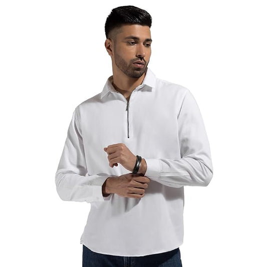 KINGDOM OF WHITE Zip Log Full Sleeve Casual Shirt for Men with Zipper Collar