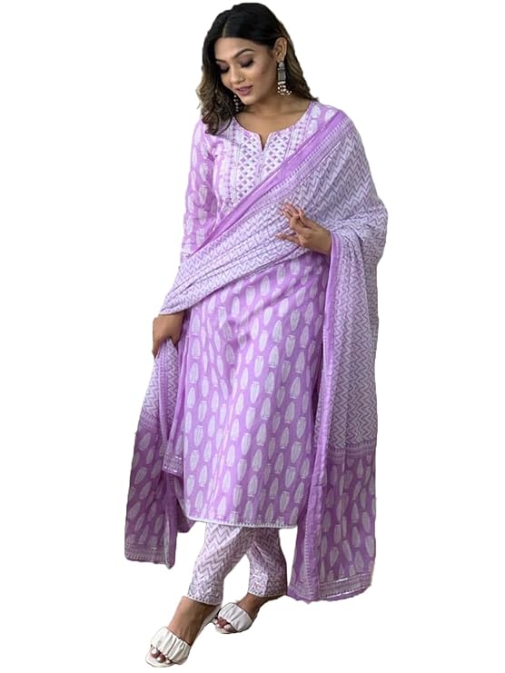 Women's Cotton Blend Straight Printed Kurta with Pant & Dupatta