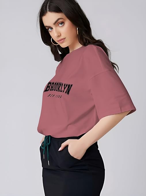 Women Premium Cotton Blend Printed Round Neck Oversized T-Shirt