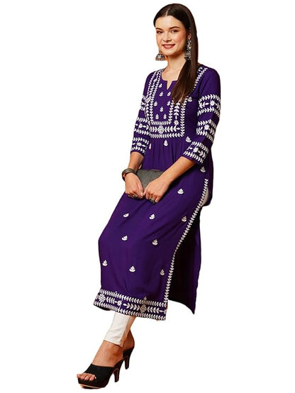 Women's Rayon Blend Chikankari Embroidered Straight Kurta