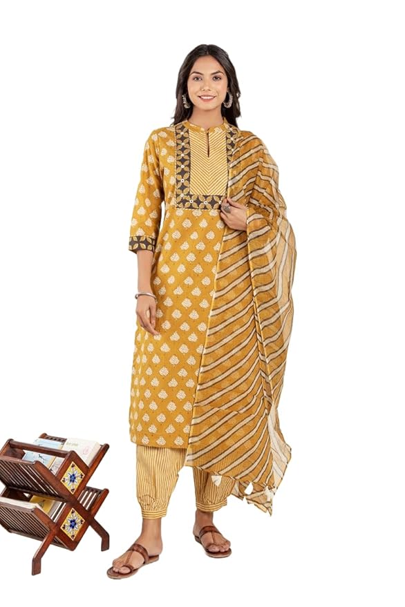 Women's Printed Cotton Blend Straight Kurta Afghani Pant Dupatta Set