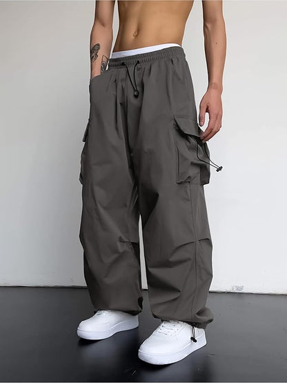 Solid Side Pockets Black Nylon Fabric Baggy fit Cargo Pant