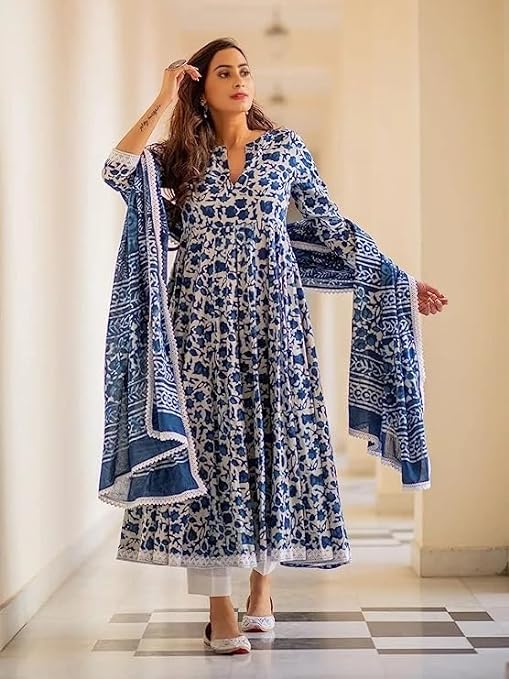 Women's Trendy Printed Cotton Blend Flared Blue Color Anarkali Style Lace Kurta with Dupatta