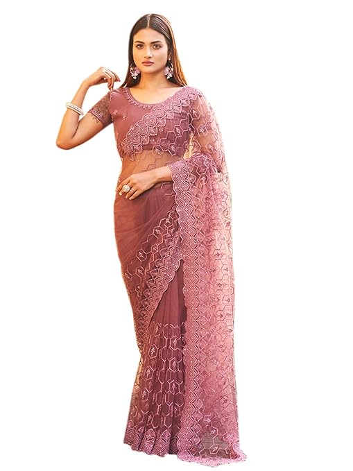 Women's Embroidered Net Saree with Faux Diamonds