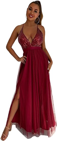 Sequin Prom Dresses with Slit Spaghetti Strap Backless Tulle Evening Gowns Sleeveless V-Neck Women Long Dress