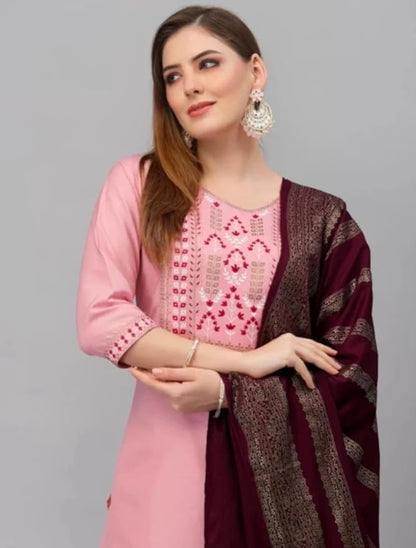 Women'S and Girls Wear Pink Color Cotton Blend Printed A-Line Kurta, Pant and Dupatta Set