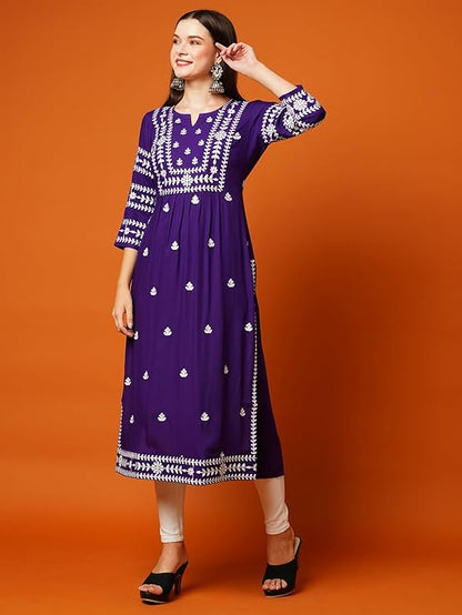 Women's Rayon Blend Chikankari Embroidered Straight Kurta