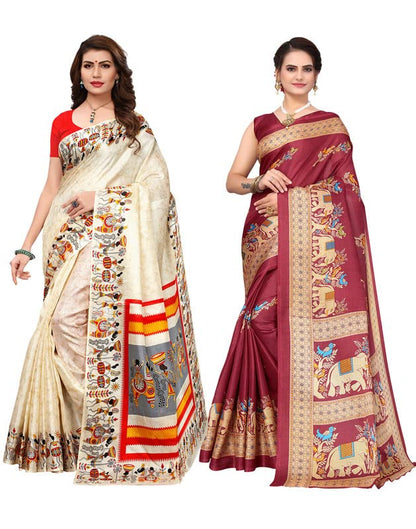 SICHI Women'S Poly Cotton Printed Saree Combo Pack Of 2