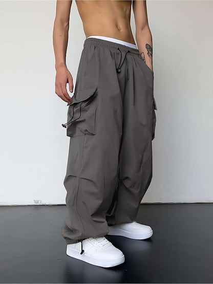 Solid Side Pockets Black Nylon Fabric Baggy fit Cargo Pant