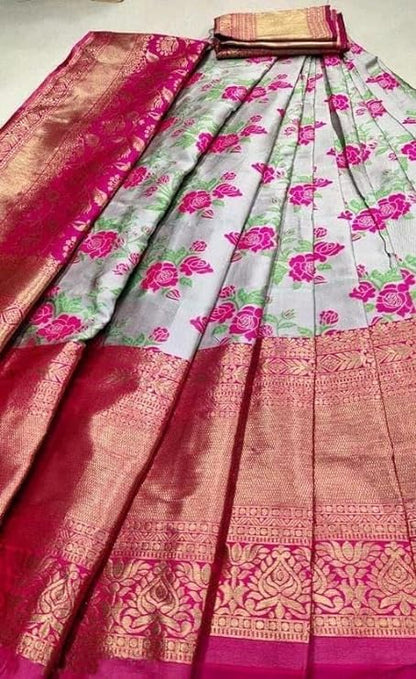 Women's Indian Traditional Unstitched Kanjivaram Silk Pure Weaving Lehenga Choli Along With Dupatta Attach With Unstitch Blouse Piece