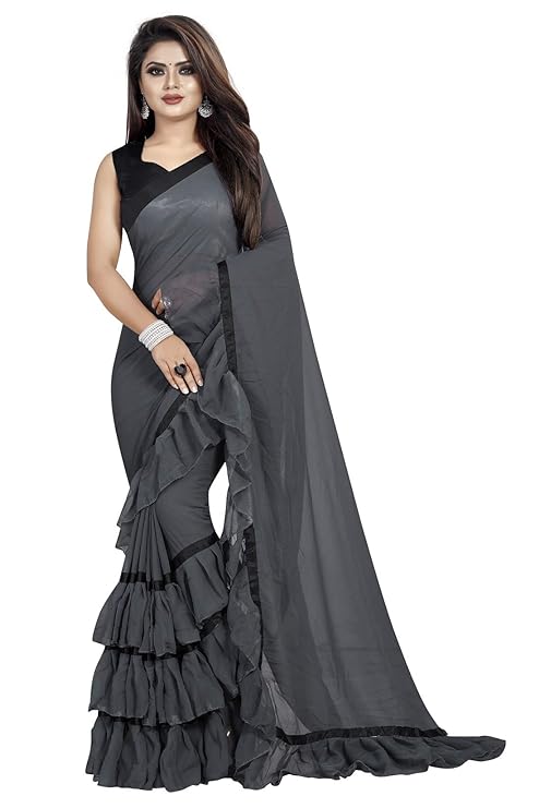 Market Magic World Women's Plain Georgette Ruffle Saree with Blouse