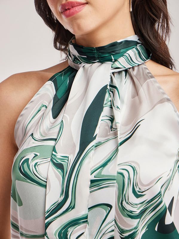 Satin Halter Neck Top - Green and White