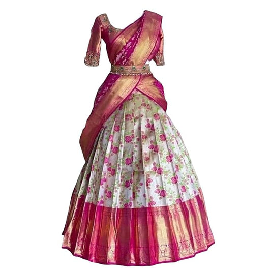 Women's Indian Traditional Unstitched Kanjivaram Silk Pure Weaving Lehenga Choli Along With Dupatta Attach With Unstitch Blouse Piece