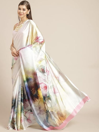 Womanista Women's Digital Floral Print Saree Satin With Blouse piece