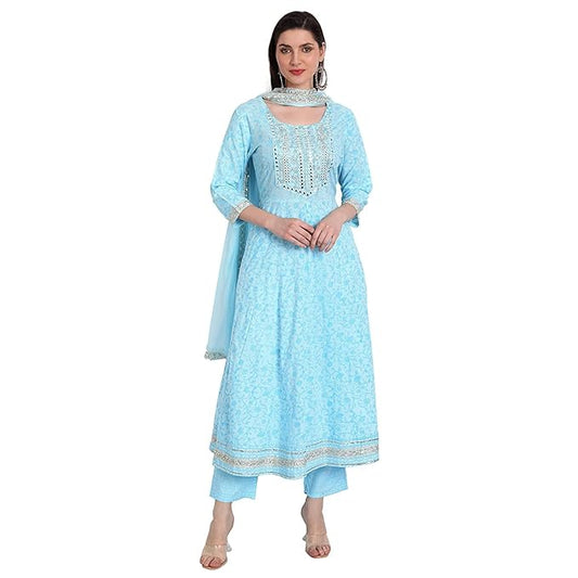 Women Rayon Anarkali Embroidered Printed Kurta Pant And Dupatta Set