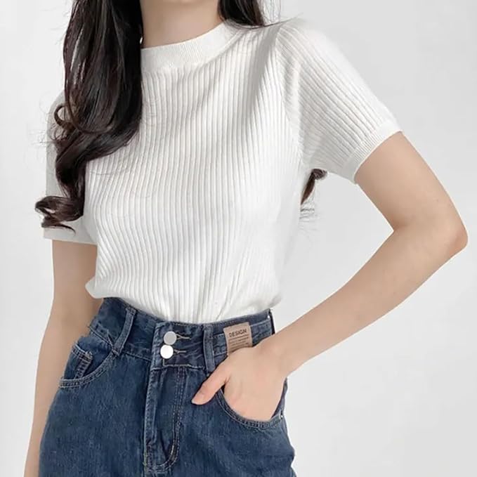 Istyle Can Plain Round Neck Rib Knit Regular Top for Women