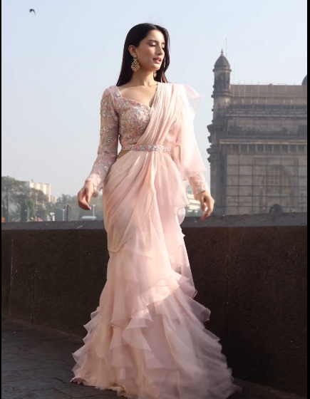 Onion Pink Organza & Chiffon Draped Saree Set