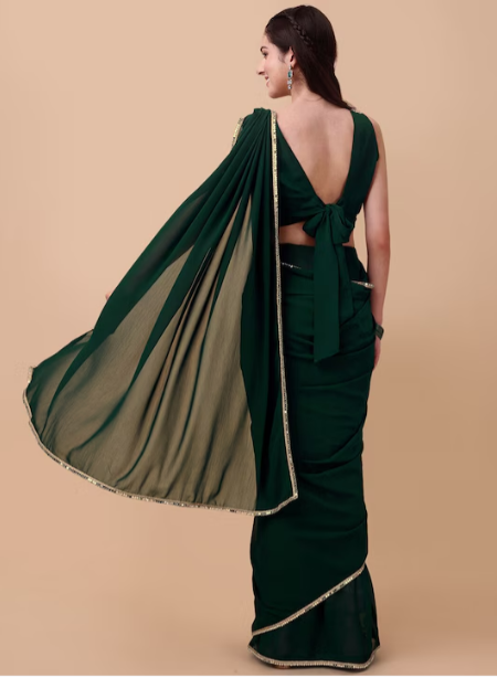 Green & Gold-Toned Mirror Work Saree