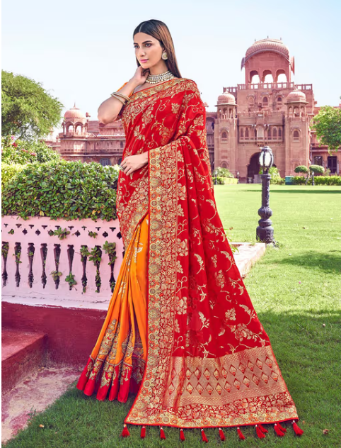 Red And Orange Color Silk Embroidered Saree With Un-stitched Blouse