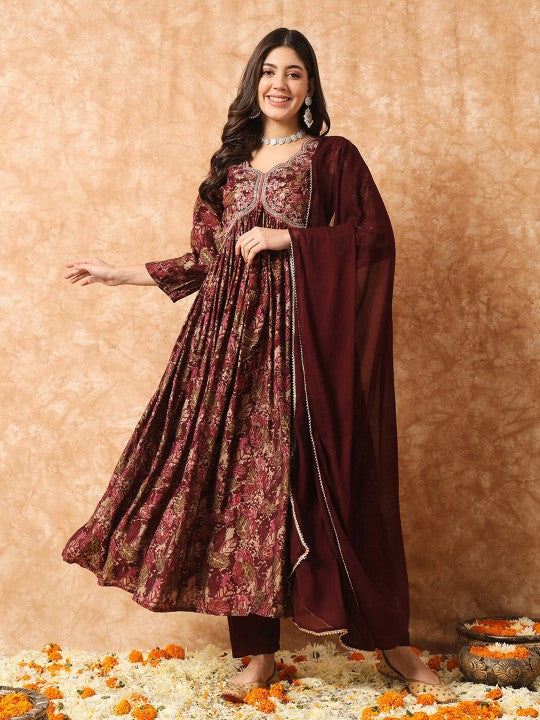 Floral Printed Empire Thread Work Anarkali Kurta & Trousers With Dupatta