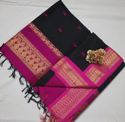 Women's Pure Kalyani Cotton Silk Saree with Zari Border and Blouse Piece (Black & Pink)