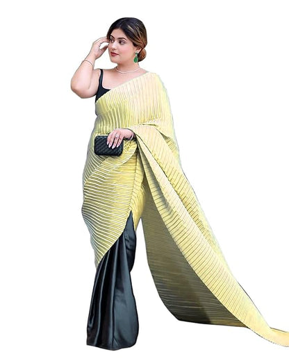 Women's Pleated/Crushed Plain Chinon Saree With Unstitched Blouse Piece