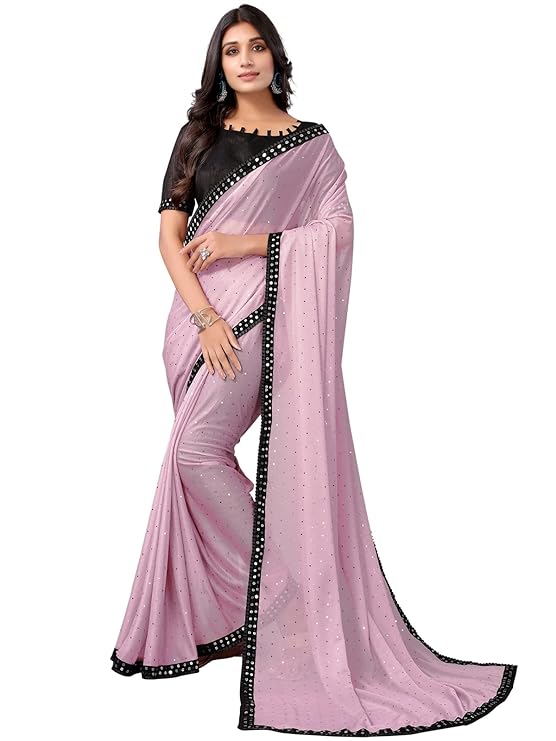 Women's Sequence Lace, Foil Paper, Dyed Lycra Shimmer Saree with Unstitched Blouse Piece