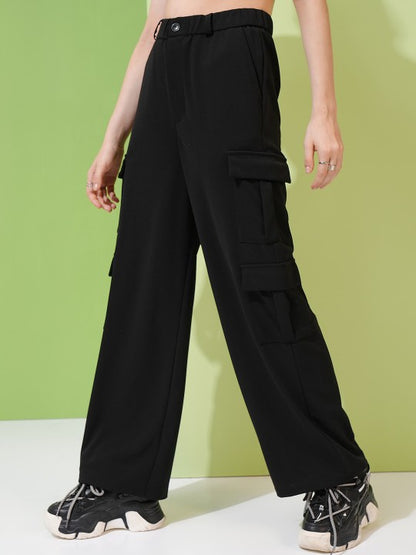 Women Mid-Rise Knitted Straight Fit Cargos Trousers