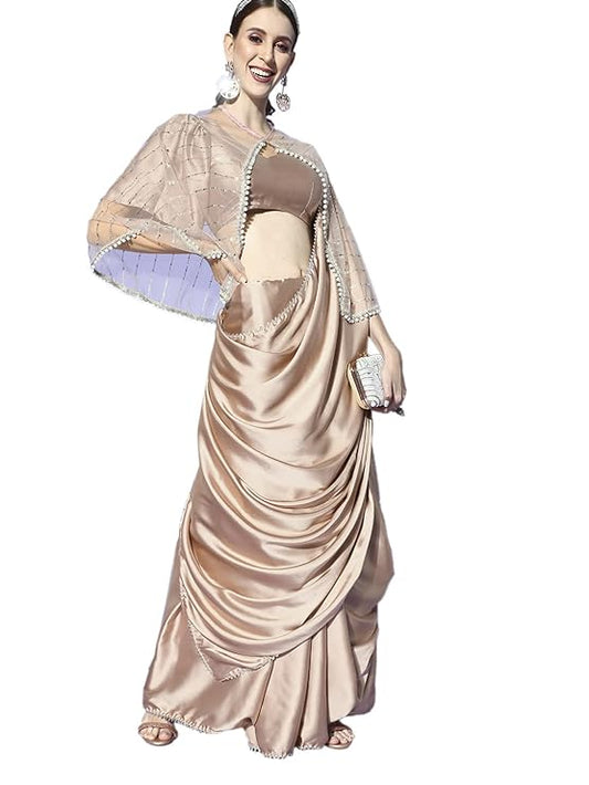 Women's Solid Satin Saree with Embellished Cape + Beige Lycra Shapewear Saree Petticoat