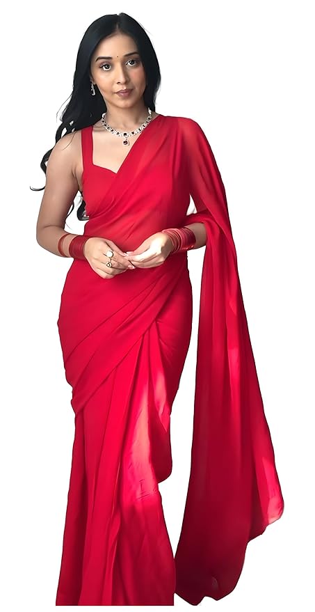 Women's Plain Georgette Ready To Wear One Minute Saree