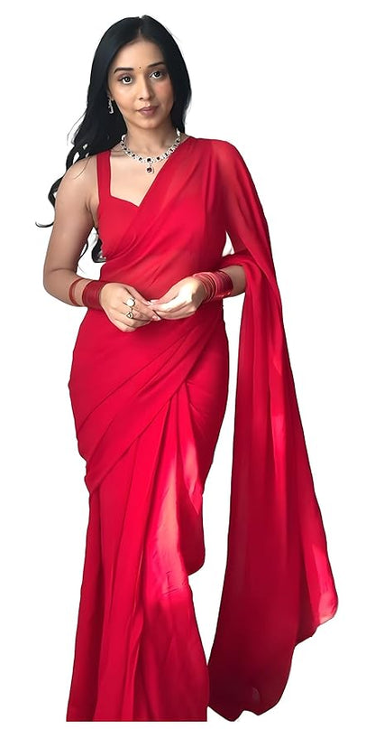 Women's Plain Georgette Ready To Wear One Minute Saree